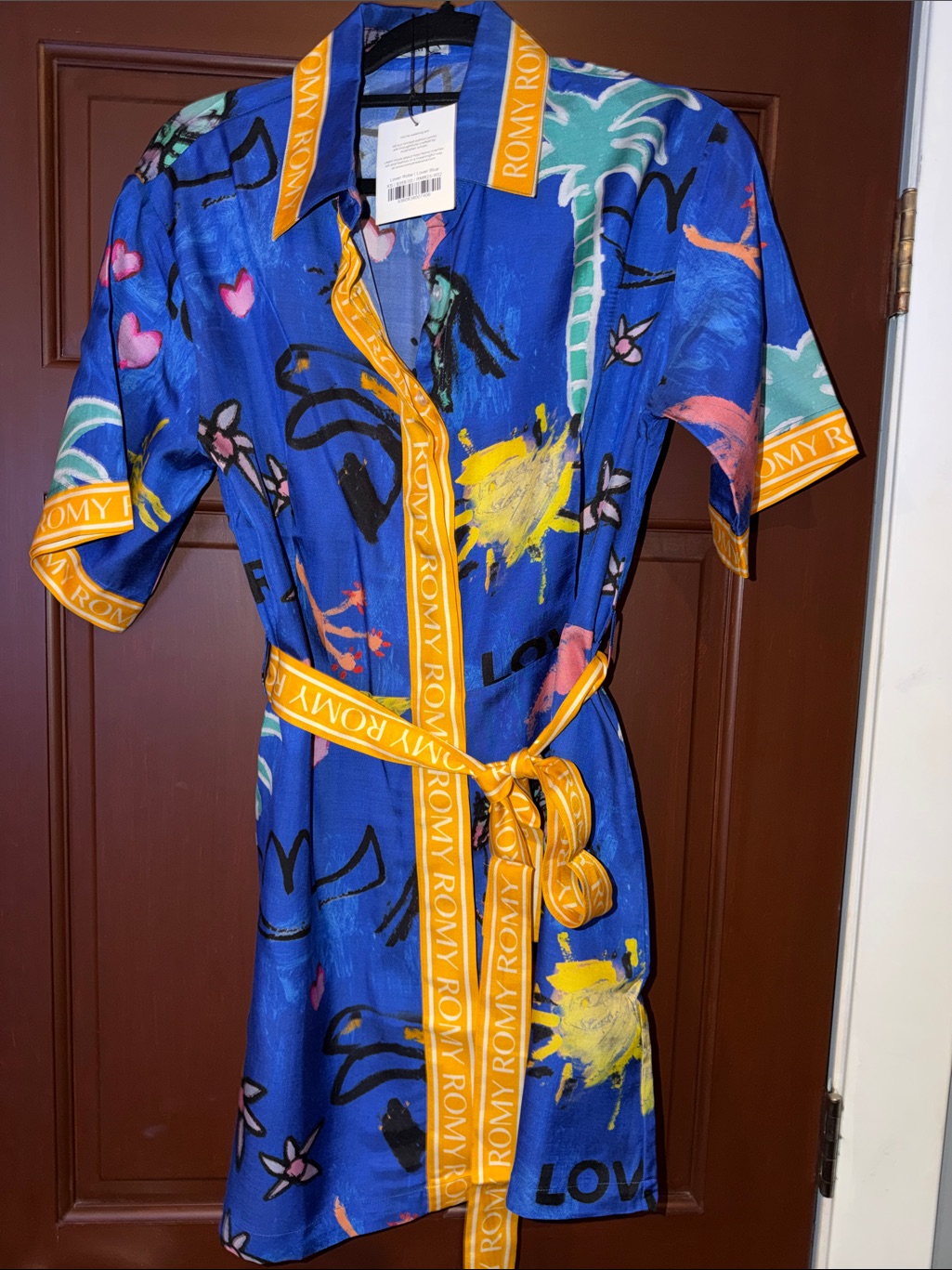 Romy Blue Short-Sleeve Graphic Shirt Dress With Yellow Trim